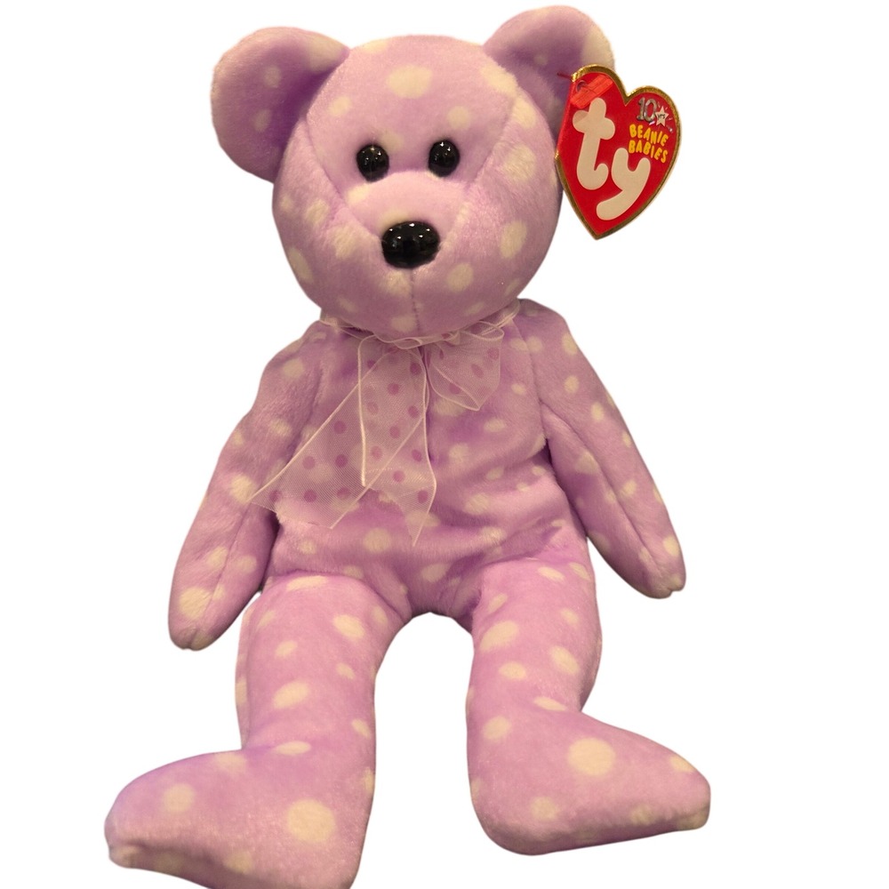 Ty Beanie Babies Toast Bear Kids OS Purple New Polka Dot 10th Anniversary Plush